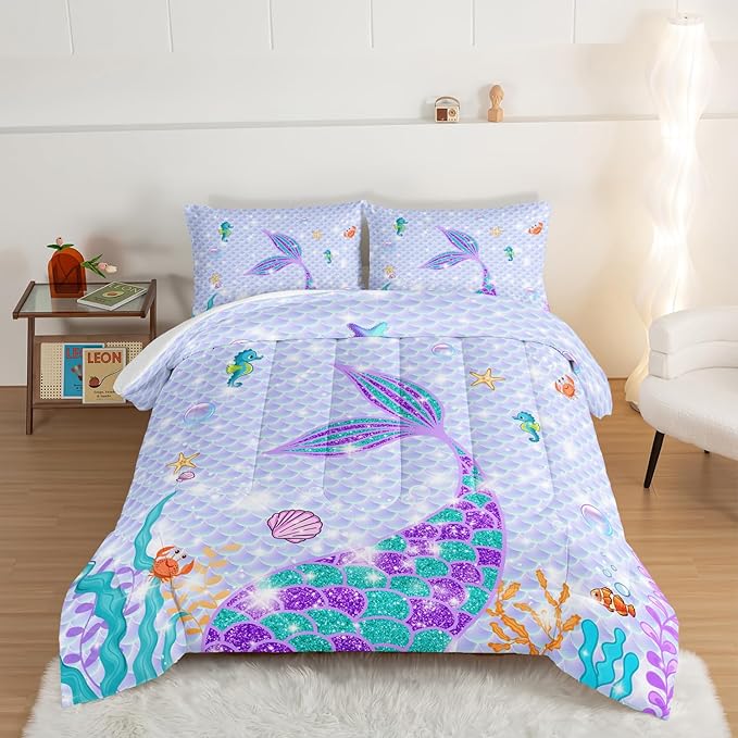 HOSIMA Mermaid Tail Comforter Set 3Pcs with 2 Pillowcases,Purple Fish Scales Bedding Set for Girls Kids Women,Cartoon Ocean Life Sea Animal Queen Comforter Set Mermaid Room Decor