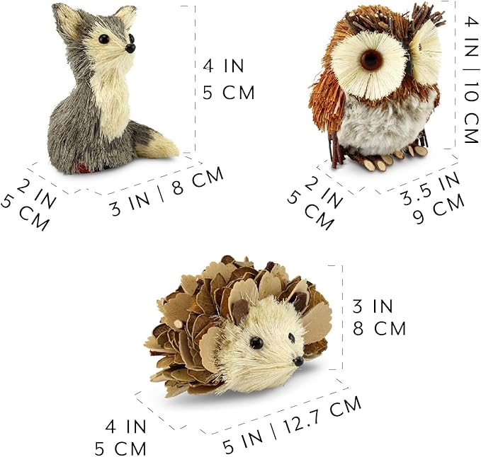 AuldHome Design Woodland Friends Figurines (Set of 3, Fox/Owl/Hedgehog); Forest Animals Decor for Fall, Christmas, Winter and Themed Decor or Parties