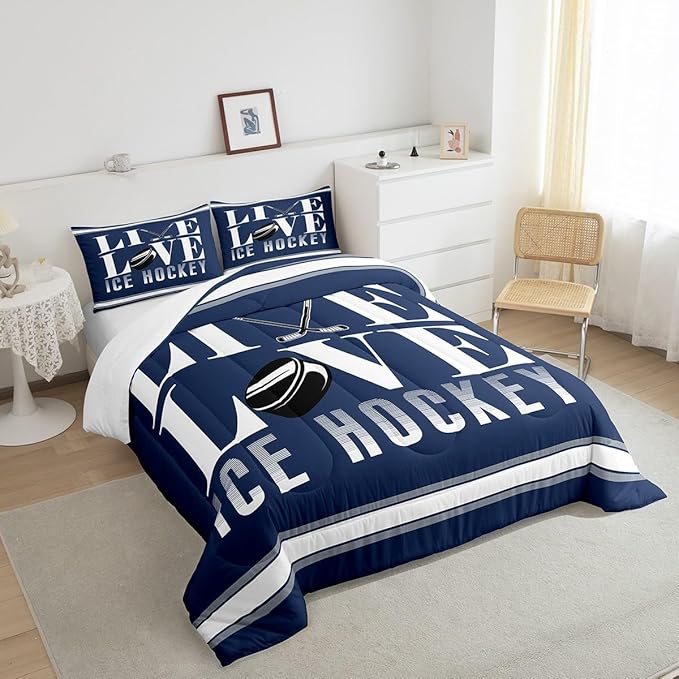 Feelyou Ice Hockey Bedding Set King Size Ice Sports Games Comforter Set for Kids Boys Girls Decor Hockey Player Comforter Microfiber Puck Hockey Duvet Set Bedroom Quilt Set