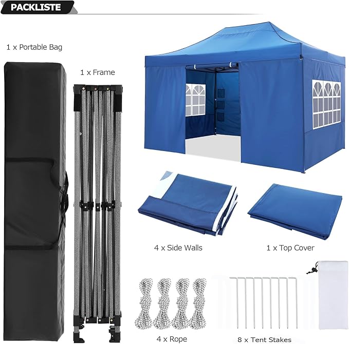 COBIZI 10x15 Pop Up Canopy with 4 Sidewall,Heavy Duty Canopy UPF 50+ All Season Wind Waterproof Commercial Outdoor Wedding Party Tents for Parties Gazebo with Carry Bag(10 x 15 ft Blue)
