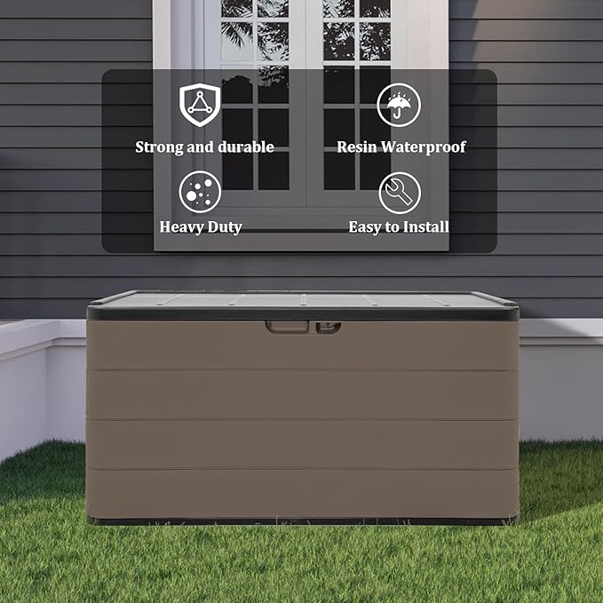 ZZM 110 Gallon Lockable Resin Deck Box, Waterproof Outdoor Storage Box for Patio Cushion Storage Cabinet and Tools Storage, Coffee