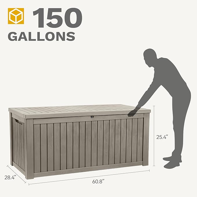 DWVO 150 Gallon XL Deck Box with Divider & Lockable Lid, Waterproof Resin Outdoor Storage for Patio, Garden, Poolside, Cushions, Supplies & Sports Gear, Light Brown