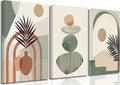 3 Pcs Mid Century Modern Boho Abstract Canvas Wall Art Neutral Green Bohemia Sun and Plant Pictures Wall Decor Posters Print Artwork for Living Room Bedroom Bathroom Office Home Decoration