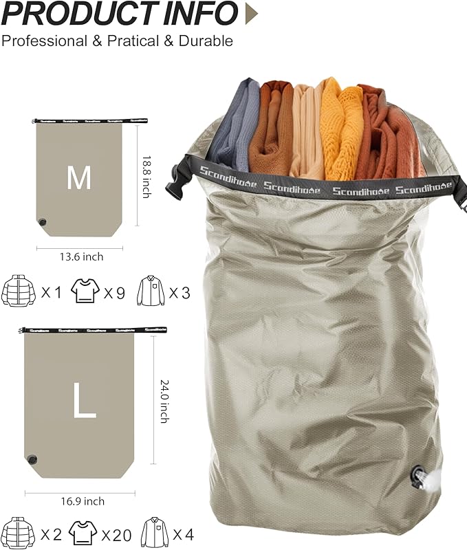 Travel Laundry Bag, Pump Free Vacuum Storage Bag Reusable Compression Dirty Clothes Travel Bag Waterproof Wet Dry Bags Large Capacity Space Saver Bags Camp Clothes Organizer (1 Pcs)(Gray, M)