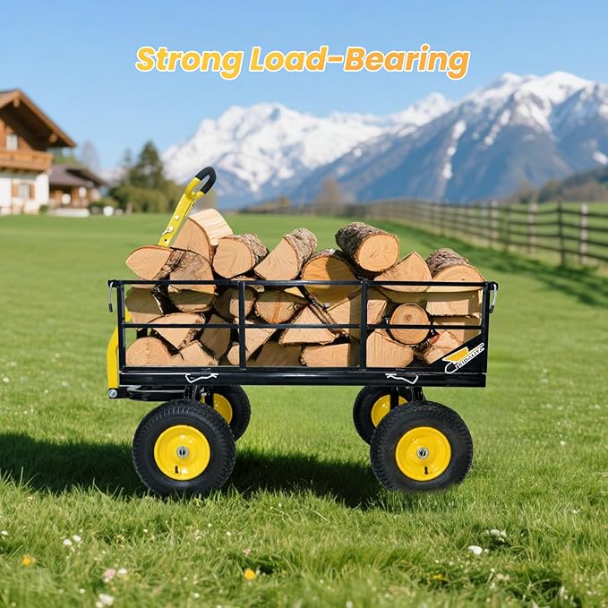 1200 lbs Steel Garden Cart, Heavy Duty Yard Utility Wagon with 10" Pneumatic Tires, Removable Mesh Sides and 180° Rotating Anti-Slip 2-in-1 Convertible Handle
