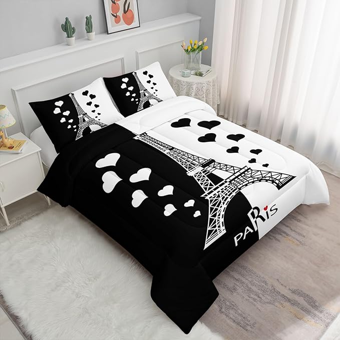 Datura home Kids Comforter Set Eiffel Tower Printed Pattern Bedding Set with 1 Comforter and 2 Pillowcases for Girls Boys Bedroom All Season(Tower1 Full)