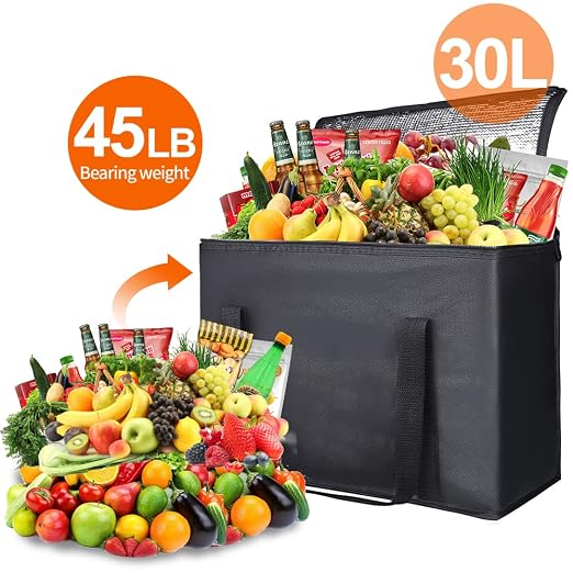 Bodaon 2-Pack Insulated Reusable Grocery Shopping Bags, X-Large, Black | Heavy Duty Thermal Tote, Frozen/Cold Food Storage, Travel Cooler Shopping Transport Picnic, Keep Food Hot Warmer, Collapsible