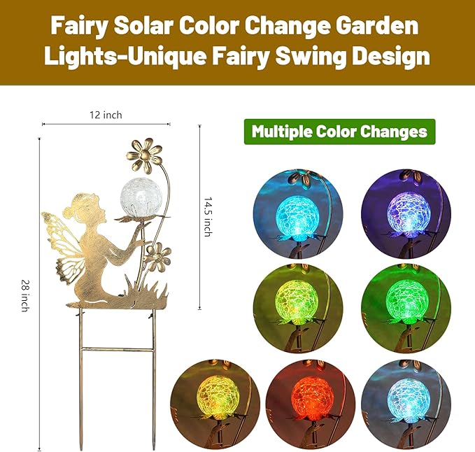 HONGLAND Fairy Garden Accesorries Solar Lights Garden Decor for Outside, Fairy Figurine Moon Lights Stake Housewarming Gifts for Patio Lawn Yard Pathway- Unique Gardening Gifts for Women Mom Grandma