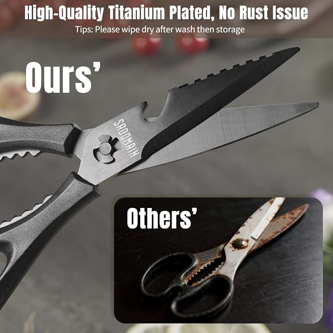 Kitchen Scissors All Purpose, Extra Sharp Kitchen Shears with Knife Sharpener & Sheath, Solid & Durable Stainless Steel Scissors with ANTI-RUST Black Titanium Plated, Dishwasher Safe – 3 Pack