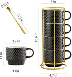 Gomakren Coffee Mugs Set of 4, 13oz Stackable Coffee Cups with Stand, Black | Gloss Embossed Stoneware, Gold Rack & Spoons | for Coffee, Milk, Tea, Cocoa, Daily & Gifting Use | Microwave/Dishwasher Safe