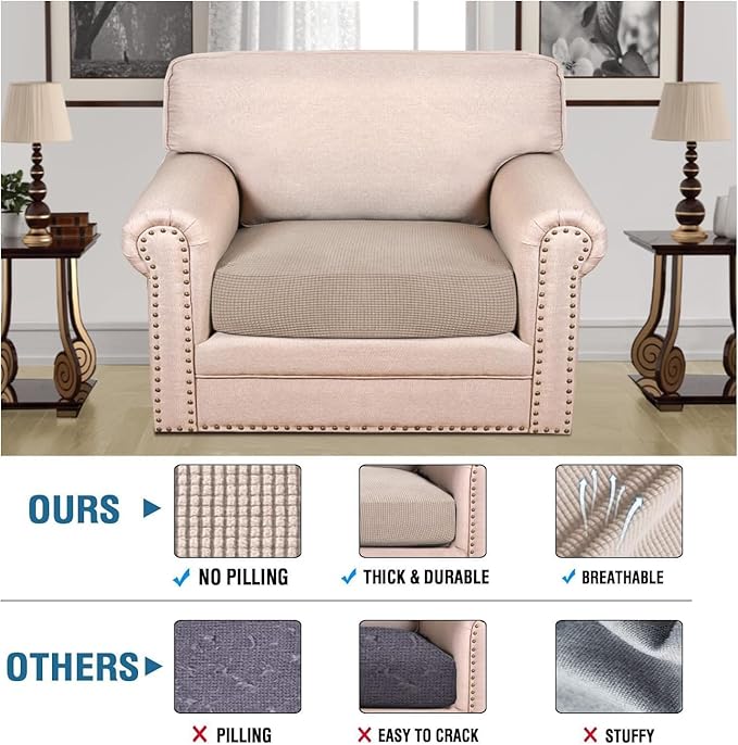 H.VERSAILTEX Super Stretch Individual Seat Cushion Covers Sofa Covers Couch Cushion Covers Slipcover Sets Thick Jacquard Textured Twill Fabric (1 Piece Chair Cushion Cover, Sand)