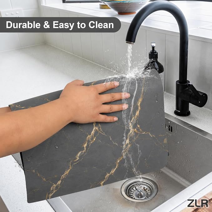 ZLR Coffee Bar Mat for Keurig & Nespresso, 12"x16" Small, Marble Gray | Absorbent Dish Drying Mat, Stain-Hiding PU Leather Top, Non-Slip Rubber Back, Heat-Resistant, Fits Frother & Pour-Over