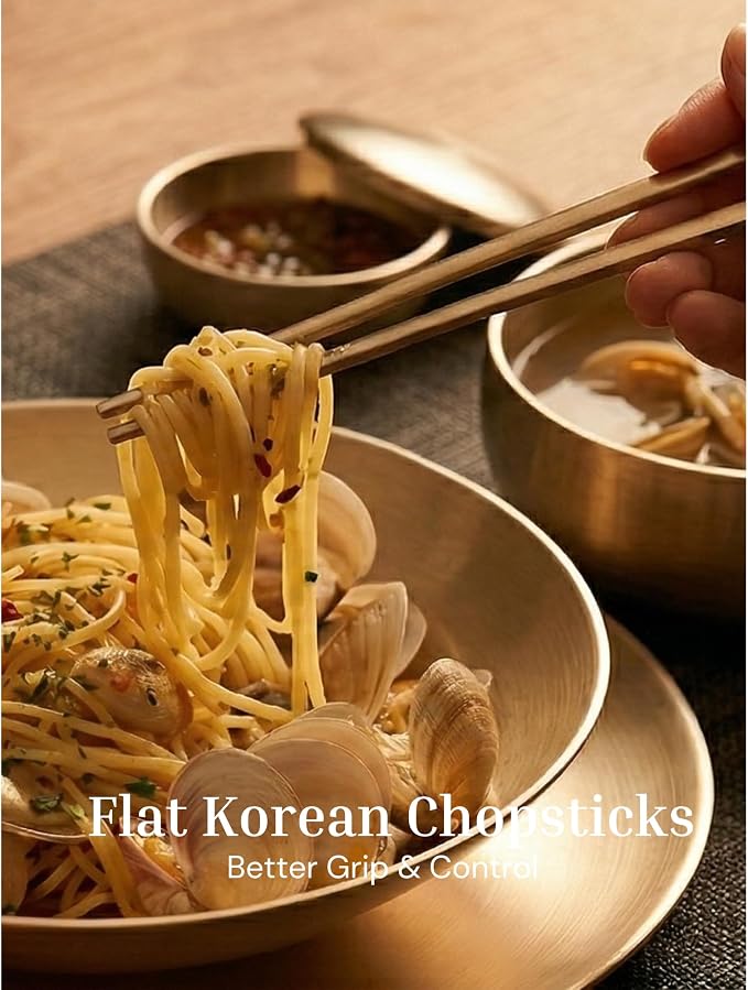 ONGI Korean Spoon and Chopsticks Set, Flat Korean Chopsticks, Premium 18/10 Stainless Steel, Turtle Symbol Design, Made in Korea, Dishwasher Safe, Meaningful Korean Gift (TT Gold 2 Set)