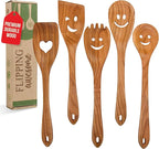 MFC 5-Piece Wooden Cooking Spoons - Kitchen Set from Natural Cherry Wood - Wooden Spoons for Cooking - Funny Utensil Set with Smiley Faces - Cooking Multipurpose Wood Utensils