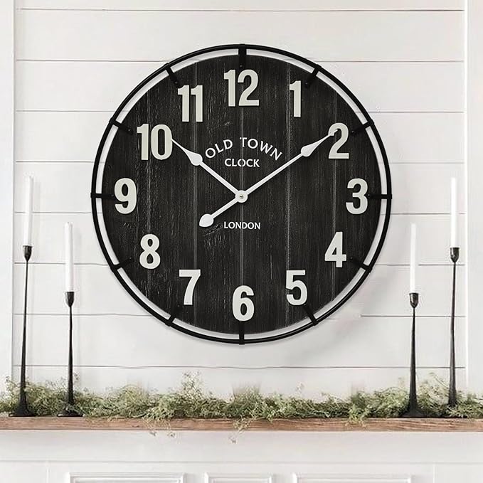 Large Old Town Farmhouse Wall Clock – 24 Inches Rustic Antique Wood with Metal Circle and Large Numerals, Silent Battery Operated Clock for Office, Kitchen, Bedroom, Living Room (Black)