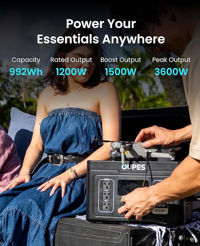 OUPES Exodus 1200 Portable Power Station 1200W, 992Wh Durable LFP Battery Solar Generator w/ 3 1200W AC Outlets (Peak 3600W), 140W USB-C, UPS, for Camping, RVing, Home Backup (Solar Panel Optional)