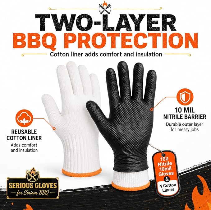 BBQ Gloves Disposable, 100 Count + 4 Cotton Liners, 10 Mil Tear Resistant | Nitrile Diamond Grip, Heat Resistant for Grilling Smoking Cooking, Food Safe, Latex Free, Heavy Duty Meat Handling, X-Large