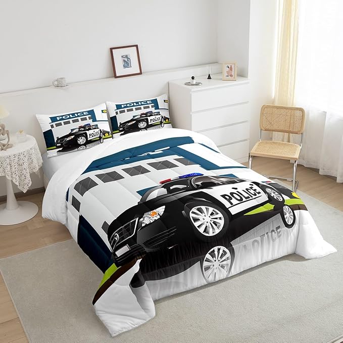 Erosebridal Police Car Comforter Sets King Size, Policeman Boys Bedding Set for Kids Boys Children Teens Bedroom Decor, Polica Vehicle Quilt Cartoon Automobile Duvet Insert with 2 Pillow Cases