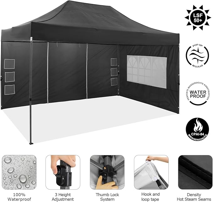 COBIZI 10x15 Pop up Canopy Tent 10x15 Canopy with 4 Sidewalls Waterproof Heavy Duty Commercial Canopy Tent for Parties Outdoor Tent Garden Gazebo Tent, Carry Bag(10x15ft, Black)