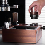 IKAPE V2 Espresso Knock Box, Espresso Coffee Organizer Box Fit for Storage 51mm 53/54mm 58mm Espresso Tamper, Distributor, Portafilter & Puck Screen Accessories, Natural Walnut Station Base (8 IN One)