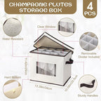 Uiifan 4 Pcs Champagne Flute Storage Box with Dividers 12 Compartment Stemware Storage Cases China Container Box with Lid, Handles, PVC Window for Moving, Beige