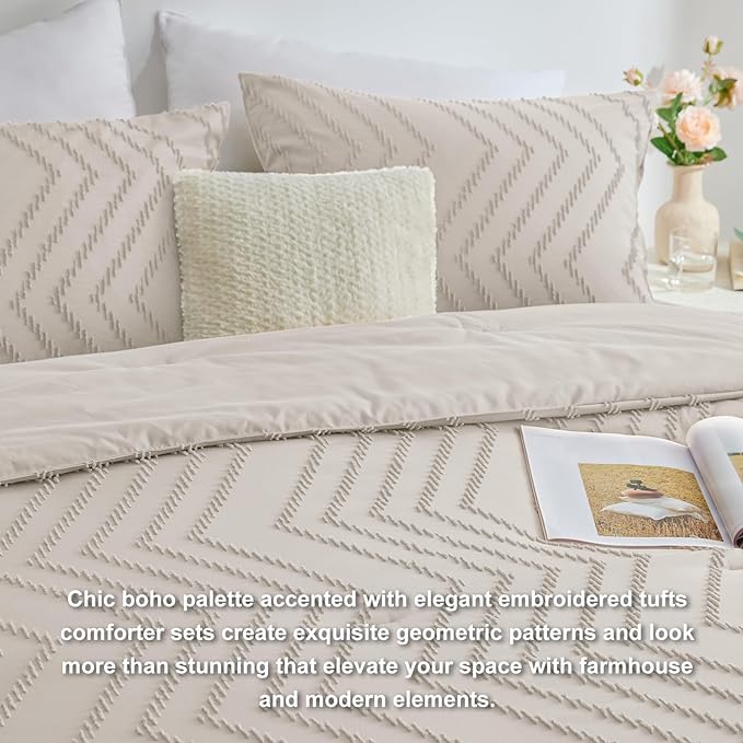CozyLux Twin/Twin XL Size Comforter Set Beige - 1 Pieces Boho Tufted Shabby Chic Bedding Comforter Set for All Seasons, Chevron Bedding Sets with Comforter & 1 Pillow Shams