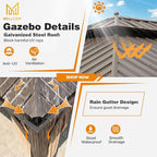 MELLCOM 14'x20' Hardtop Gazebo, Galvanized Steel Metal Double Roof Aluminum Gazebos with Curtain and Netting, Brown Permanent Pavilion Gazebo with Aluminum Frame for Patios, Gardens, Lawn