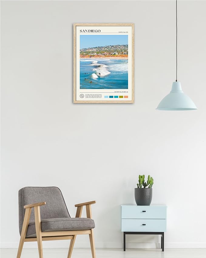 HesenDot Natural OAK Wood San Diego Surfing Framed Wall Art,12x16in Natural Seascape Canvas Wall Print,Classic Urban Landmark Wall Decor for Living Room,Bedroom,Office Gallery Gifts Set of 1
