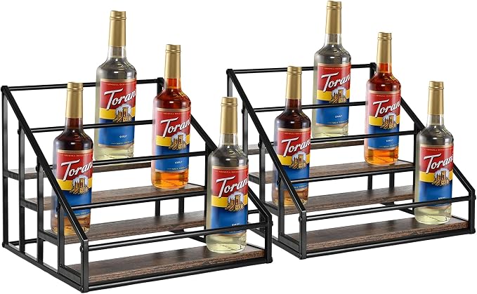 YQBRAO Coffee Syrup Rack Organizer,Liquor Bottle Display Shelf,Water cup display stand,Spice Rack Kitchen Cabinet Organizer,Rustic Brown,2 Packs 4 Tier 16 Bottle Coffee Syrup Holder