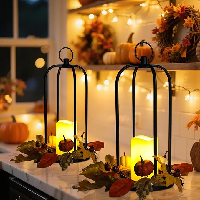 Fall Decor Lanterns Outdoor, 14" Waterproof Decorative Lantern Indoor Decor Metal Hanging Candle Holder LED Flameless Candle Lantern for Patio, Porch, 2 Packs
