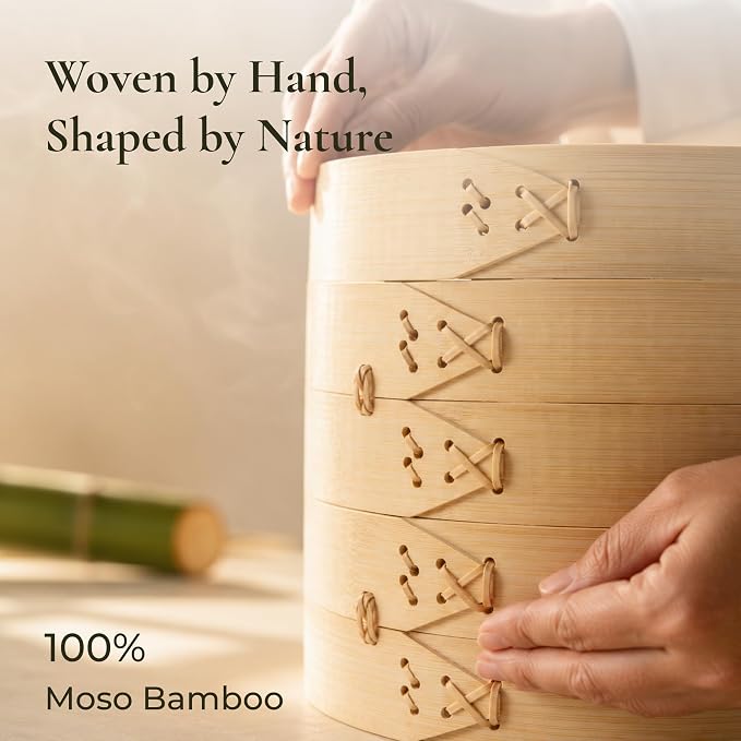 Bamboo Steamer Basket 10-Inch, 2-Tier Dumpling Steamer Cooking | Incl. Silicone Liners, Sauce Dish, Chopsticks - Steam Baskets for Food, Dim Sum, Bao Bun, Rice, Momo, Rice, Vegetables
