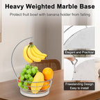 Livabber Countertop Fruit Basket Bowl with Banana Hanger, Modern Standing Fruit Vegetable Bowl Storage, with Banana Tree Holder for Kitchen Dinning Table (Round Marble, Chrome)