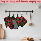 Vintage Red Rose Oven Mitts and Pot Holders (4PCS),Heat Resistant Non-Slip Silicone Kitchen Gloves for Cooking, Baking, BBQ Waterproof Kitchen Accessories