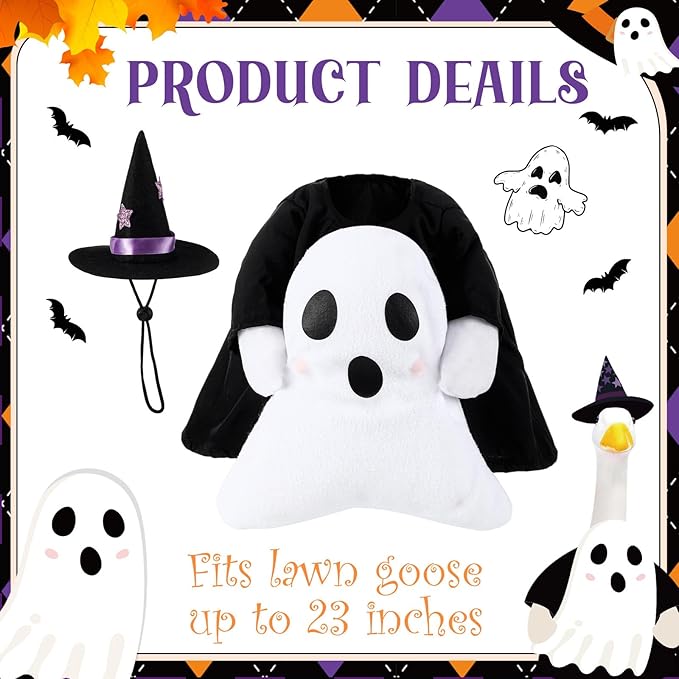 Sanwuta 1 Set Halloween Porch Goose Outfit Ghost Pillow Design with Witch Hat for 23" Lawn Cement Goose Porch Geese Clothes Costume for Halloween Garden Patio Yard Outdoor Decorations