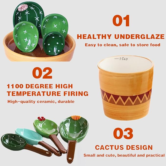 Cactus Measuring Spoons Set in Pot, Cute Ceramic Measuring Spoons and Cups, Kitchen Cacti Spoon with Holder, Baking Measuring Cups Ornaments Gift