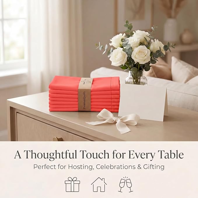 Urban Villa Hemstitch Cloth Dinner Napkins Cotton 20”x20” (Set of 12)-Red