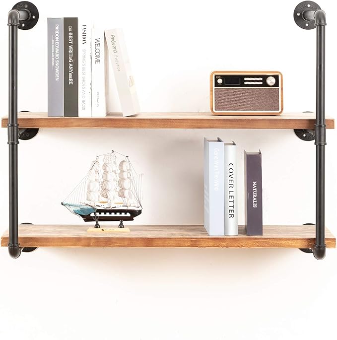 Industrial Wall Mounted Pipe Shelving,Rustic Metal Floating Shelves,Steampunk Real Wood Bookcases,DIY Bookshelf Hanging Shelves,Farmhouse Kitchen Bar Office Home Storage (3-Tier with 2 Boards,36in)