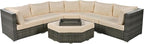 6 Piece Outdoor Patio Furniture Set Conversation Sofa, All Weather Wicker L shaped Sectional Couch with Ottoman, Small Trays and Removable Cushions, for Garden Backyard, Beige