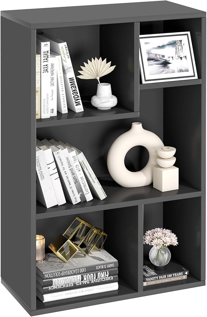 VECELO Modern Bookshelf, 5 Cube Shelf, Fits Tallest Hardcovers, Horizontal Available, Storage Organzier for Home Office, Matte Black