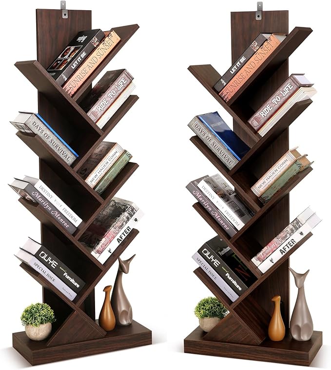 BATHWA Set of 2 Tree Bookshelves, Double 8 Shelf Tree Bookcases, Narrow I Shaped Book Shelves for Home Office, Rustic Wood Open Shelf Organizer Racks for Book CDs Magazines