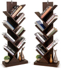 BATHWA Set of 2 Tree Bookshelves, Double 8 Shelf Tree Bookcases, Narrow I Shaped Book Shelves for Home Office, Rustic Wood Open Shelf Organizer Racks for Book CDs Magazines