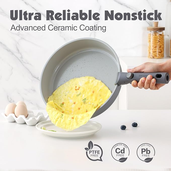 SENSARTE 24 Piece Ceramic Detachable Handle Pots and Pans Set Gray | Ceramic Cookware Set, Induction Cookware Set with Removable Handle, Healthy Non Stick for RV, Dishwasher ＆ Oven Safe