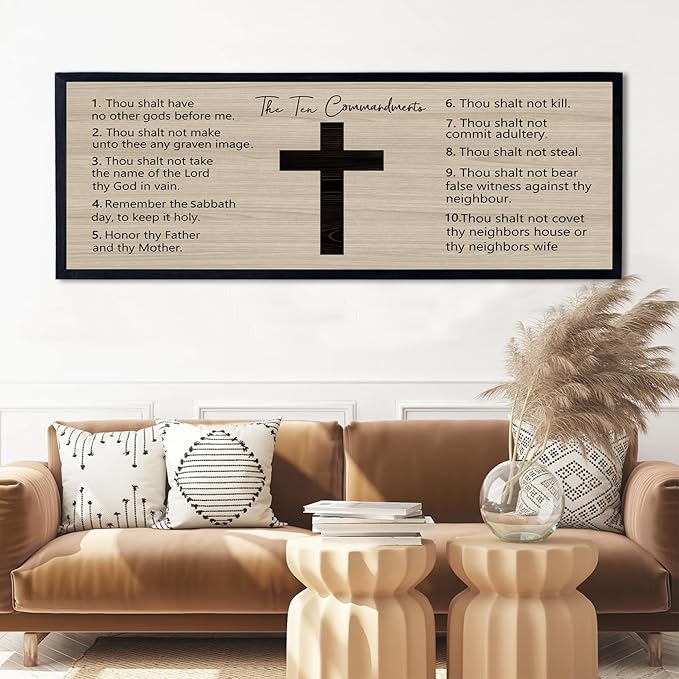 Ten Commandments Rustic Bible Verse Framed Wall Art 40" x 15" Black Religious Christian Slogan Representing God Jesus Christ Prayer Vintage Holy Inspirational Catholic Scripture Decor