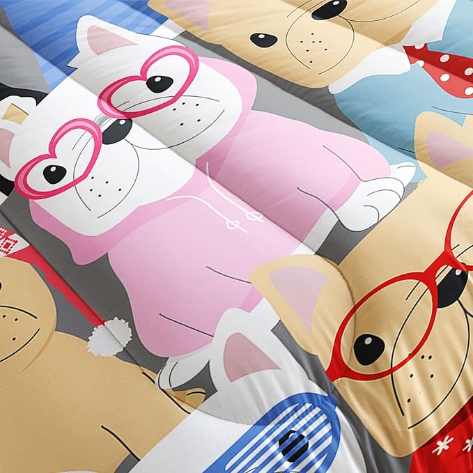Datura home Dog Comforter Beddding Set for Kids Children,Puppy Pug Cute Dog Pattern Cartoon Career Pet Bedding Set with 1 Comforter and 2 Pillowcases(Dog Queen)