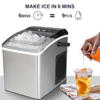 Kenmore Countertop Ice Maker – Maquina para Hacer Hielo en Casa, Nugget Ice Maker Makes 9 Pebble in 6 Mins, Portable Self‑Cleaning Ice Machine, 26 Lbs/Day, Stainless Steel