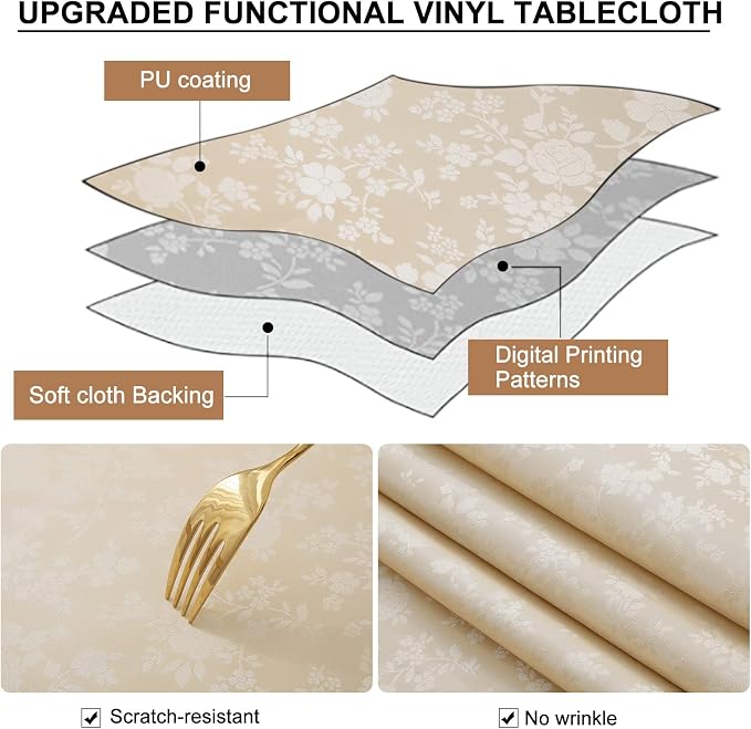 Smiry Rectangle Waterproof Heavy Duty Vinyl Tablecloths, 70 x 108 Inch | Wipeable Washable Floral Embossed Table Cover for Kitchen and Dining Room, Indoor & Outdoor Use, Beige