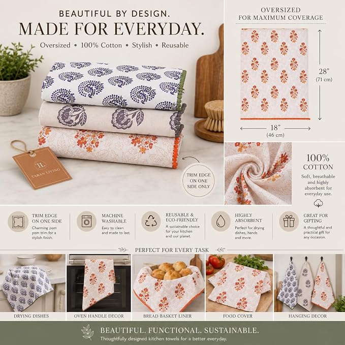 Printed Kitchen Dish Bar and Tea Towels Cotton, 18x28 inch with Trims, Cotton Dish Towel Sets (Multicolor Motif, Set of 3)