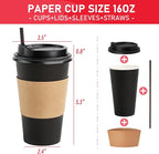 Coffee Cups with Lids 16 oz 100 Pack, Sleeves and Stirring Sticks, Black Disposable Hot Paper Cups with Lids, To Go Cups, for Parties, Picnic, Travel, and Events