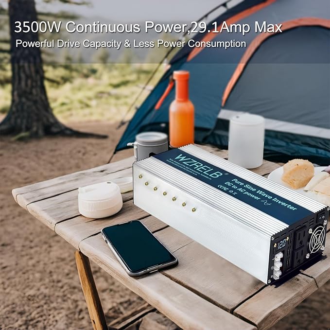 WZRELB 3500W Pure Sine Wave Inverter, Car Power Inverter 36V DC to 110V 120V AC Converter for RV, Truck, Solar, Outdoor with Dual AC Outlets, Hardwire Port, Surge 7000W, LED Display,Off-Grid