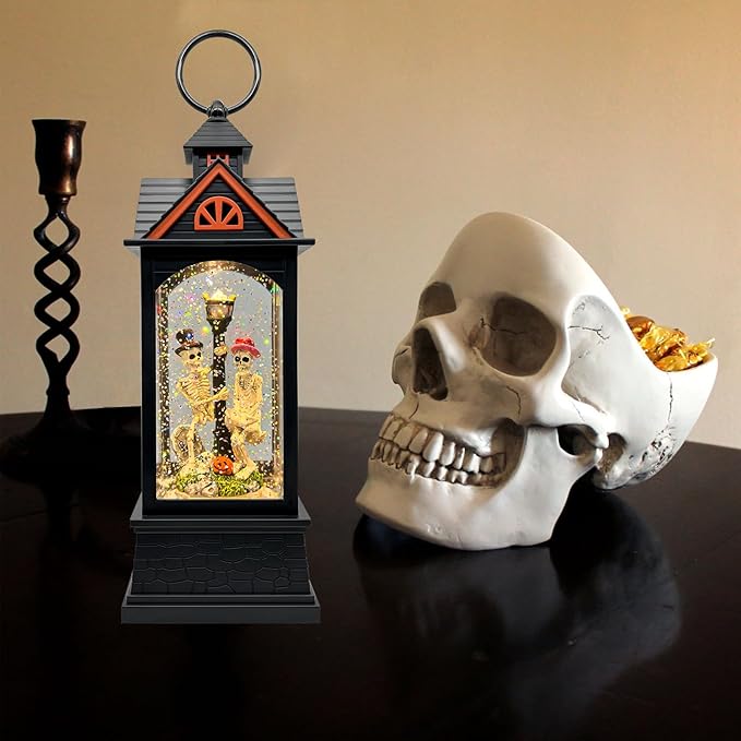 Halloween Snow Globe Lantern with 6 Hour Timer,Halloween Decorations Indoor for Home,Halloween Decor,USB or Battery Powered for Halloween Lanterns,Halloween Skeleton-A